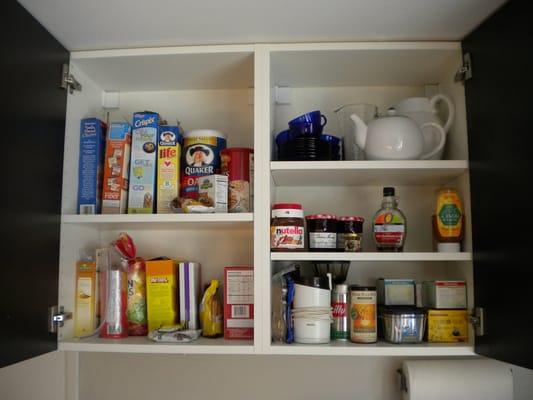 Shelf removed from cereal & snack cupboard - added to cup and glass cupboard