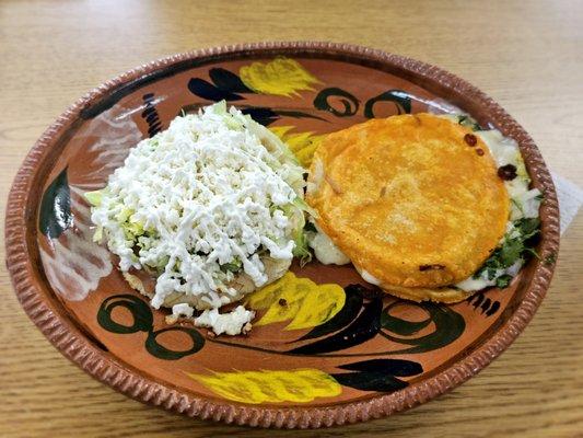 Sope and mulita!!! $4/each. I added cilantro and onions, and topped it with jalapeño avocado salsa.