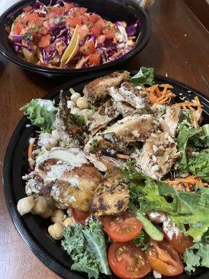 Protein bowl (foreground), Fish tacos (background)