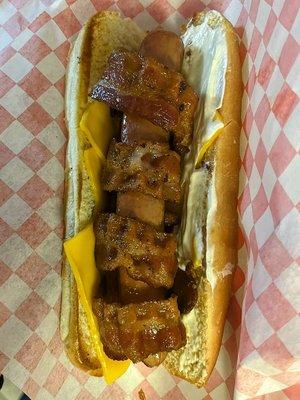 All-Beef Bacon Wrapped Hot Dog with Cheese