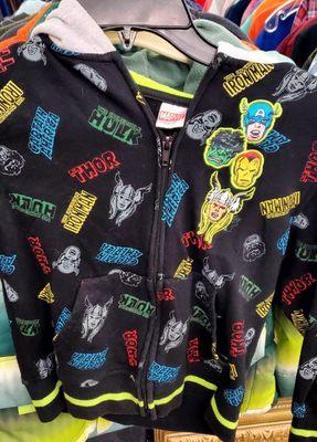 Super heroes jacket for a child. Has the Incredible Hulk, Thor, Captain America, Ironman...Did I miss anyone? Hopefully not.