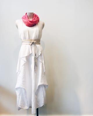 Linen dress with cotton cardigan and obi belt.