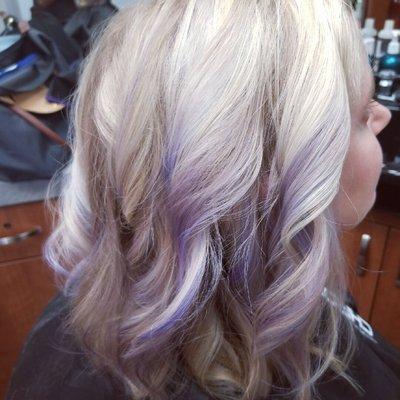 Balayage with lilac pastel pieces.