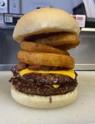 Western Double Cheeseburger with Bacon..Wow..check out the onion rings..