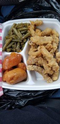 Steak sticks (thin, deep fried steak strips) with yams and green beans (ordered to go).