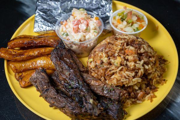 Carne Asada with rice, beans, salad, 2 corn tortillas