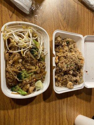 Spicy pad Thai (shrimp and chicken) and fried rice (comes with beef, shrimp, and chicken)