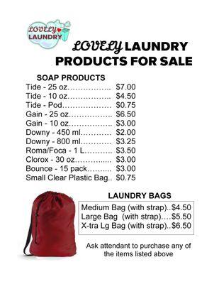 Product pricing and laundry bags with carry straps.