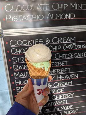 Pineapple/coconut and pistachio/almond in a waffle cone