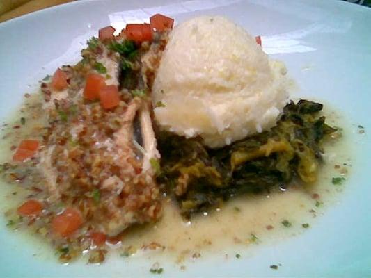 Pecan crusted rainbow trout with asiago cheese grits!