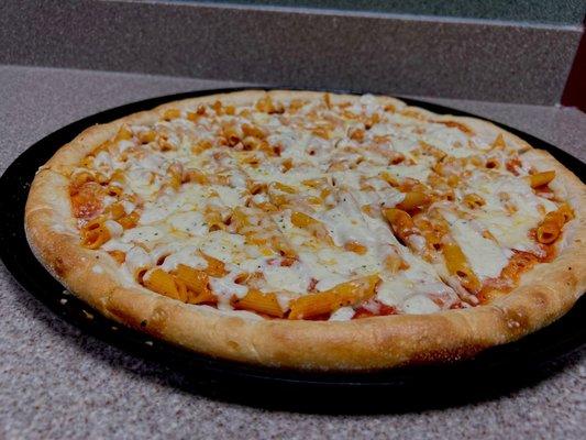 Baked ziti pizza! You should try it, it is very delicious.