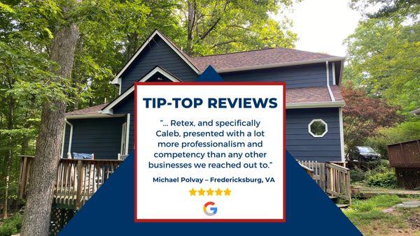 Google review of a RETEX siding replacement project in Fredericksburg, VA.