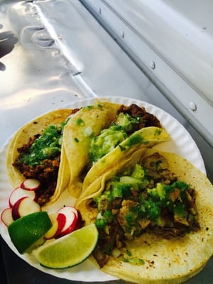 El pastor, chorizo, and carnitas tacos @ Tacos El Idolo, Queens, NY