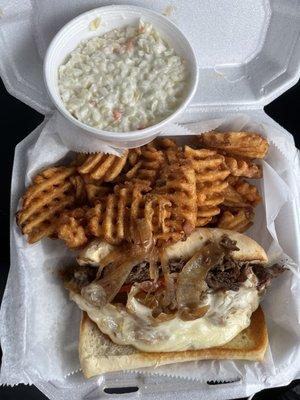 Cheesesteak with Waffle Fries and Creamy Coleslaw