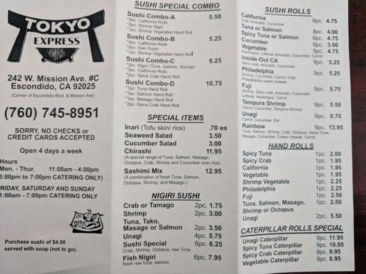 Menu as of April 2018