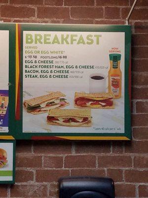 Subway breakfast menu