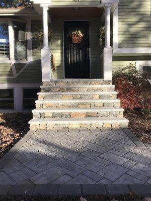 Front Step Upgrade using granite treads, stone veneer, and beautiful Cambridge Paver walkway/entrance!