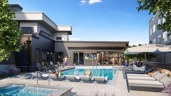 Out the back of our amenity center, we will have a pool and hot tub for lounging as well as grills, a movie screen, and a pet park!