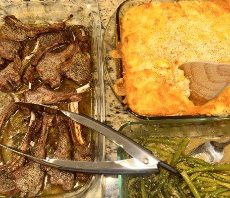 Broiled lamb chops! 
Macaroni and cheese! 
Baked asparagus ! 
Meal for 2!