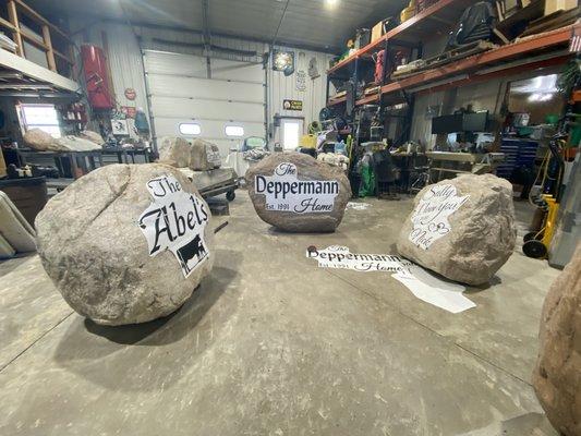 Lots of rocks in progress Custom Engraved Yard Rocks