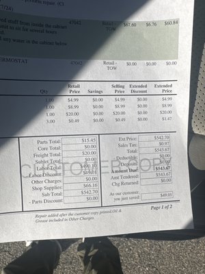 Invoice showing cost breakdown.