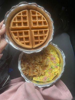 Cinnamon Waffles , Western omelette& Home fries