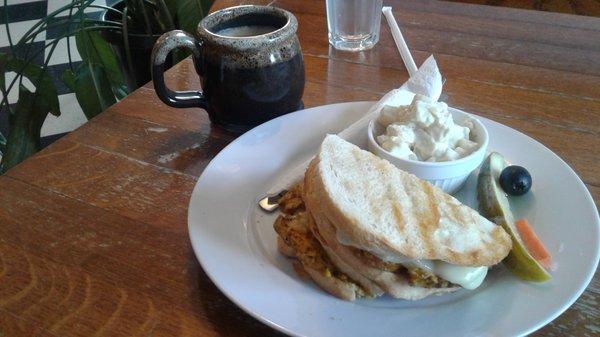 Moroccan Chicken Panini, potato salad and a cappuccino