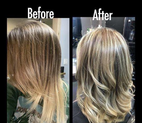 Before and after: full highlight with a textured long bob cut.