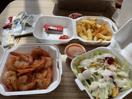 Steamed shrimp, French fries and side salad