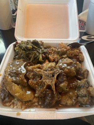 Oxtails, greens, rice & stewed okra