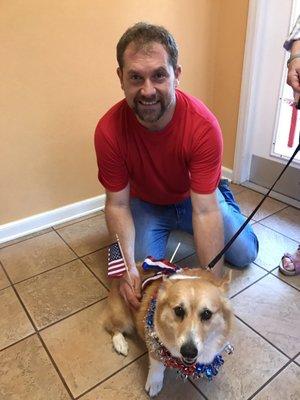 Tanner proudly displays his festive outfit for the Fourth of July.