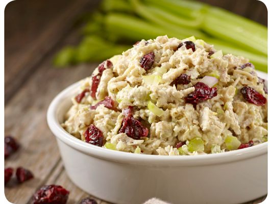 Cranberry Chicken Salad Natural chicken breast mixed w/celery, craisins, salt, pepper folded in a creamy mix of Dijon, mayo and brown sugar.