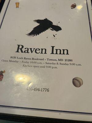 Menu cover hours address and phone number