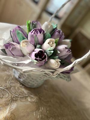 Basket of marshmallow/zefir flowers. It cost $80. Pre order in advance