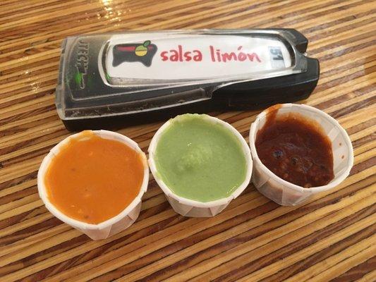 Buzzer they give you to let you know when your food is ready. Habanero (mega hot), jalapeño (hot) and piquin (hotter) salsas