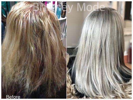 8 month long, Color Correction, Blonde bombshell here she is and Olaplex was used as well as Redken!