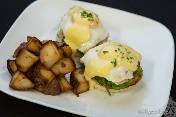 Spinach & Avocado Eggs Benedict with Home Fries