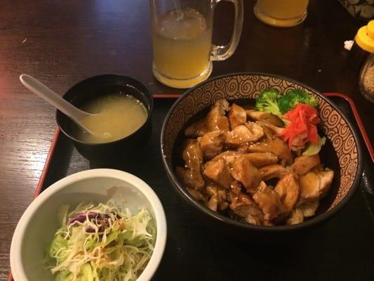 Chicken teriyaki bowl with salad and miso soup