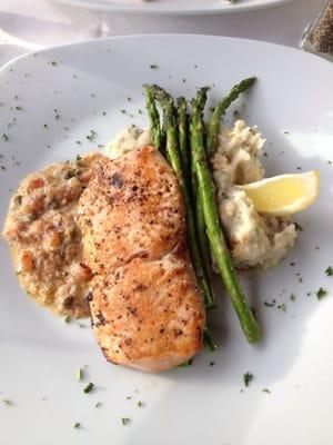 Roasted salmon with tomato and caper sauce. Lemon mashed potatoes and asparagus. Yum!!