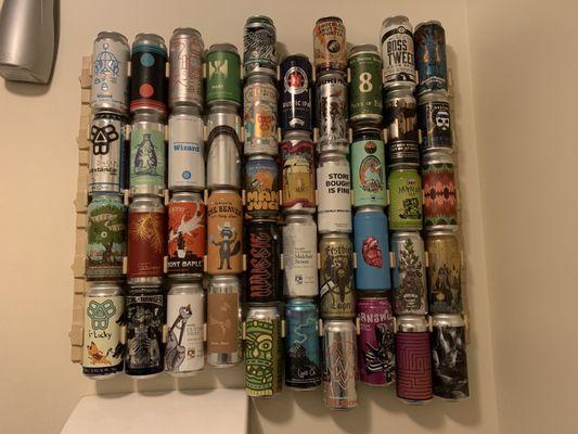 Bathroom wall 2 - look close Charlotte, The Thirsty Beaver Tribute Can is 2nd row bottom, can 4.