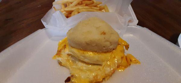 1.75 egg biscuit,  .50 for cheese. Fries 2.75