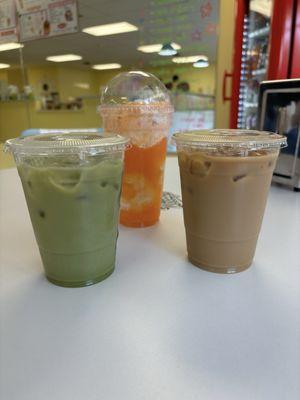 Matcha Latte, Brown Sugar Latte, and Orange Creamsicle Float