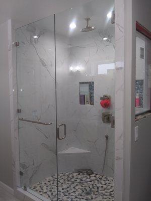 Panel in line heavy glass shower door. Clear glass with chrome hardware. Hilton Glass and Door 208-263-3322