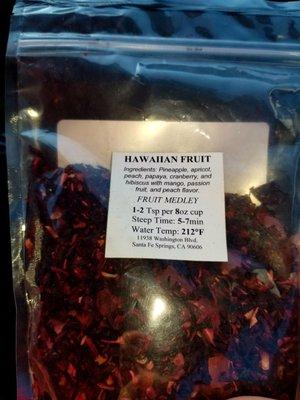 Hawaiian Fruit tea it has pineapple, apircot, peach, papaya , cranberry, hibiscus with mango ,passion fruit , peach flavor