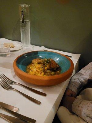 Tagine of Chicken - braised chicken, green olives, apricot, preserved lemon, side of couscous