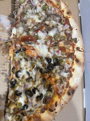 Half veggie, half 5 meat pizza