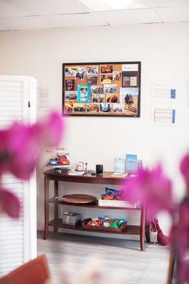 Snacks are always available along with resources next to the reception area