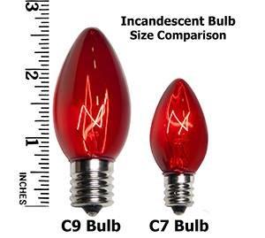 C7 vs. C9 sizes. We prefer C7s because they use less energy, don't burn out as quickly, and don't break as easily as C9s.