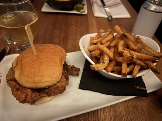 Spicy chicken sandwich with fries