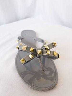 Lia Studded Sandal with Bow in Light Grey.